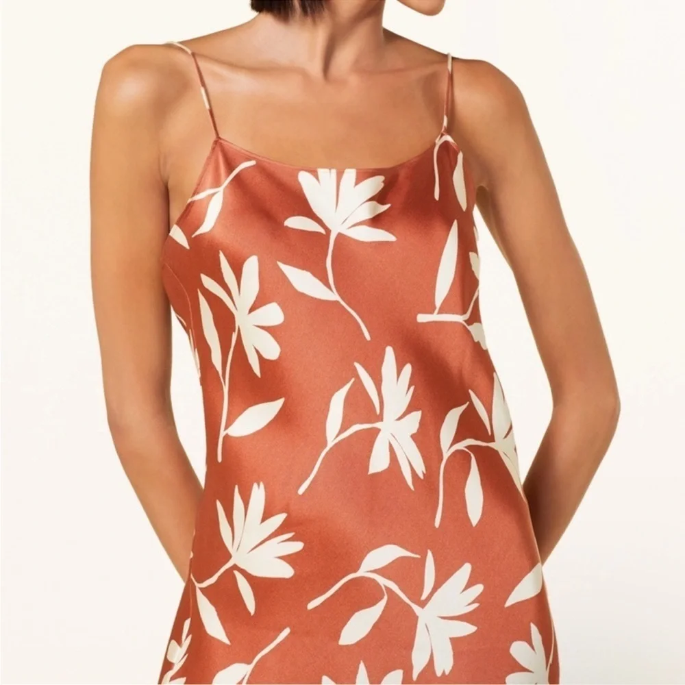 NWT Anine Bing Chloe Silk Satin Maxi Dress Tropical Leaf Print Terracotta Brown